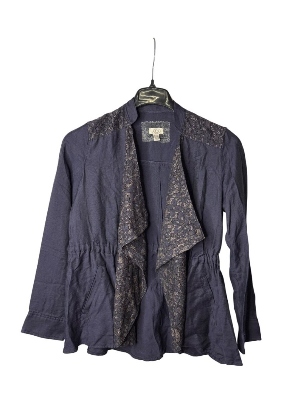 LOGO Lori Goldstein Lightweight Jacket Size 4 Utility Lace Ruffle Violet Purple